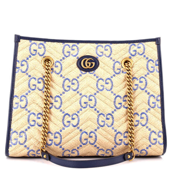 Gucci Handbags - Gucci Medium GG Marmont Aria Chain Shopping Tote Jumbo GG Matelasse Raffia